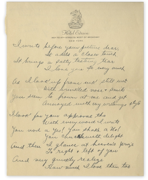 Moe Howard Handwritten Poem to His Wife, Written on Hotel Edison Stationery in New York, Circa Early 1930s -- 2pp. on Sheet Measuring 5.25'' x 6.75'' -- Near Fine